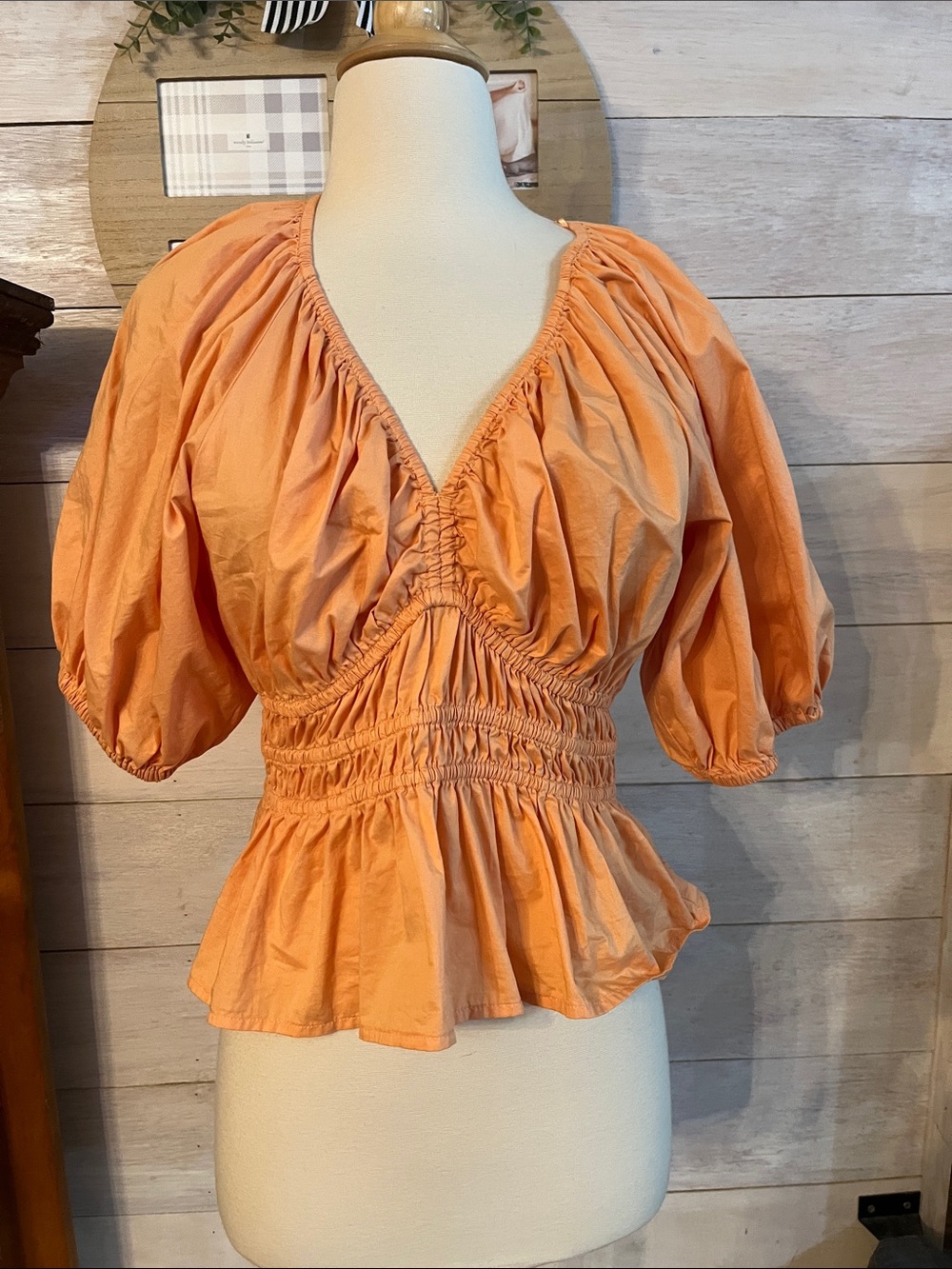 Old Navy Peach Orange Peplum Blouse with Puff Sleeves S